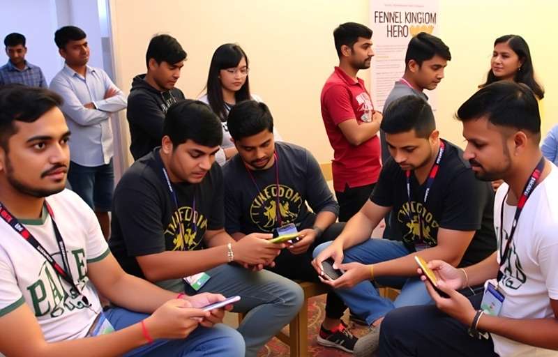 Fennel Kingdom Hero Community Event in Bangalore Indian players gathered at a Fennel Kingdom Hero community event in Bangalore, wearing game merchandise and playing on mobile devices