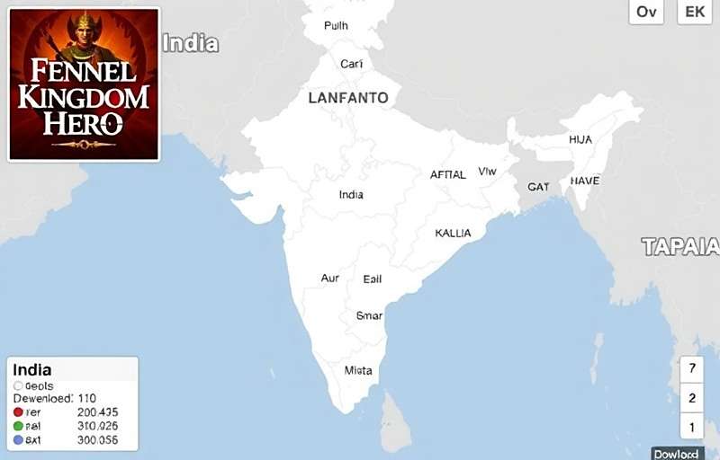 Fennel Kingdom Hero Download Distribution Across India Map of India showing the distribution of Fennel Kingdom Hero downloads with darker shades indicating higher download numbers